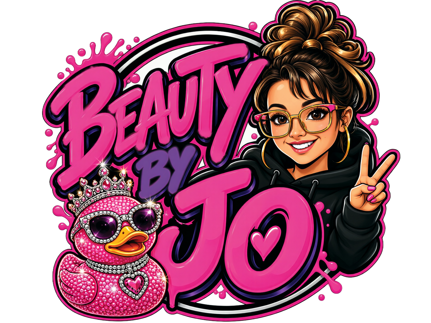 Beauty By Jo artwork with the jeweled rubber duck mascot
