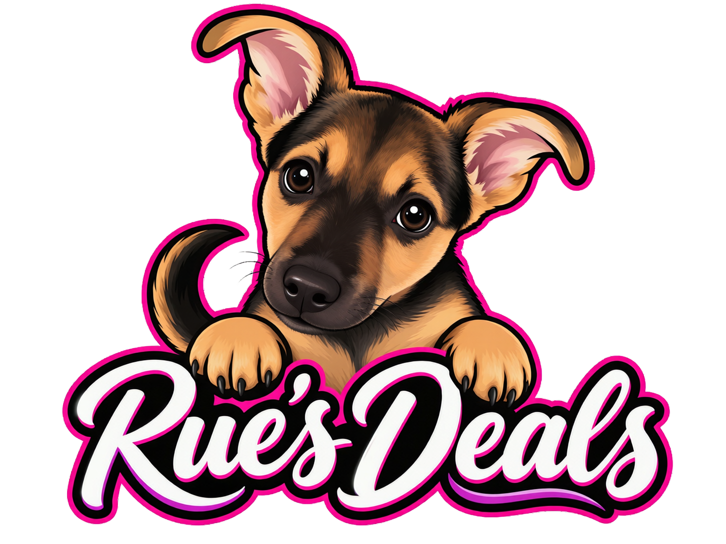 Rue the puppy with the Rue's Deals logo